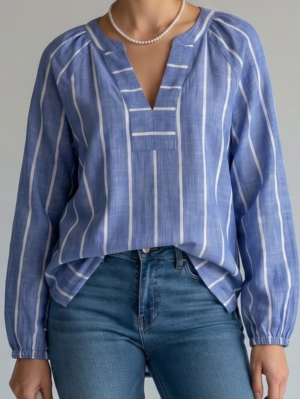 J. Crew Blue and White Striped V-Neck Tunic Popover Blouse S